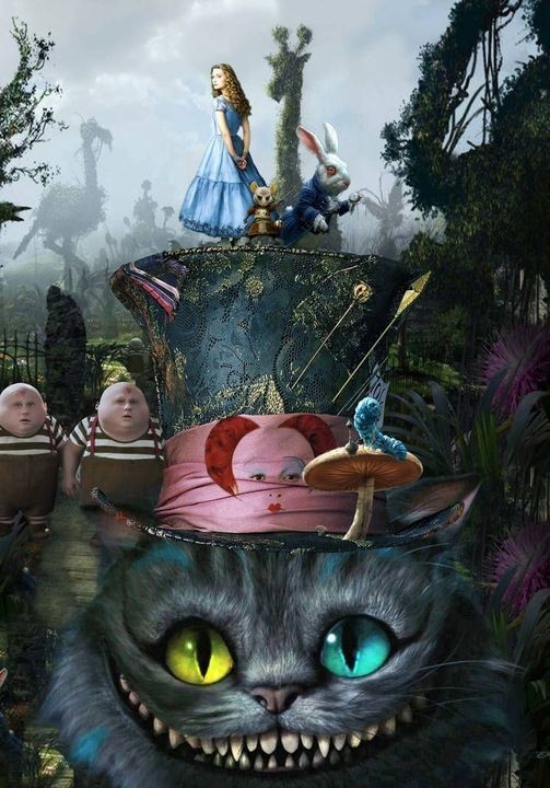 A imagem apresenta personagens principais do filme Alice no País das Maravilhas 