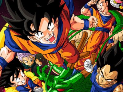 A imagem mostra Goku e seus amigos com Shen Long ao fundo