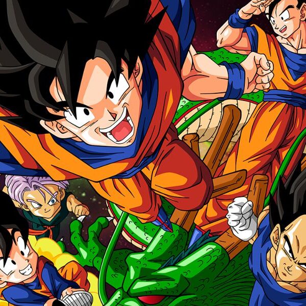 A imagem mostra Goku e seus amigos com Shen Long ao fundo