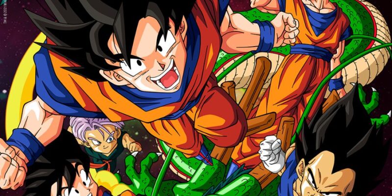A imagem mostra Goku e seus amigos com Shen Long ao fundo