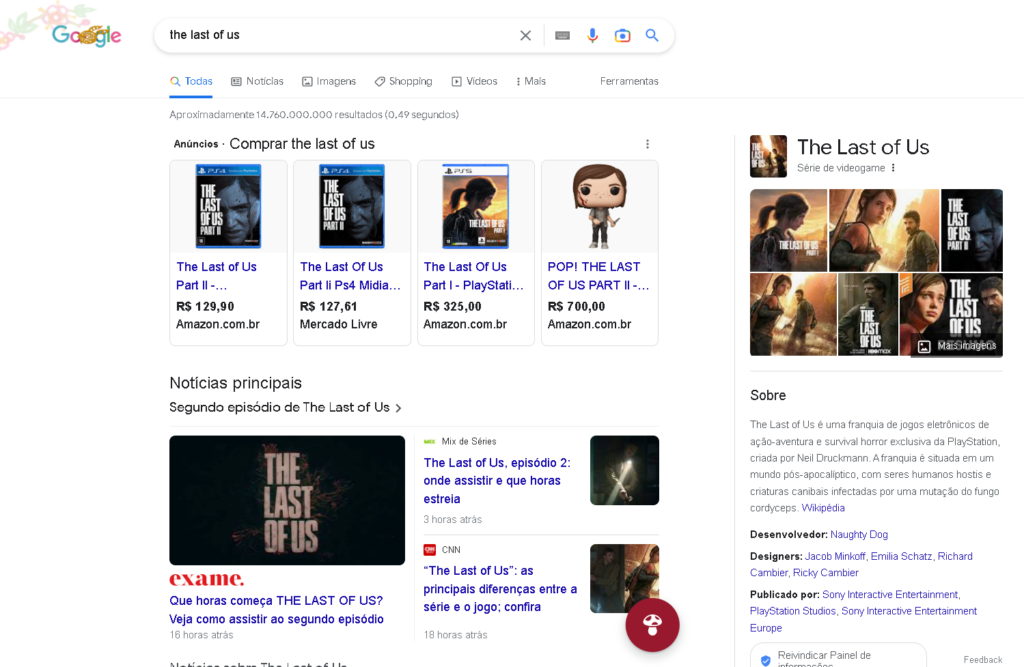 Tela do Google após digitar The Last of Us.
