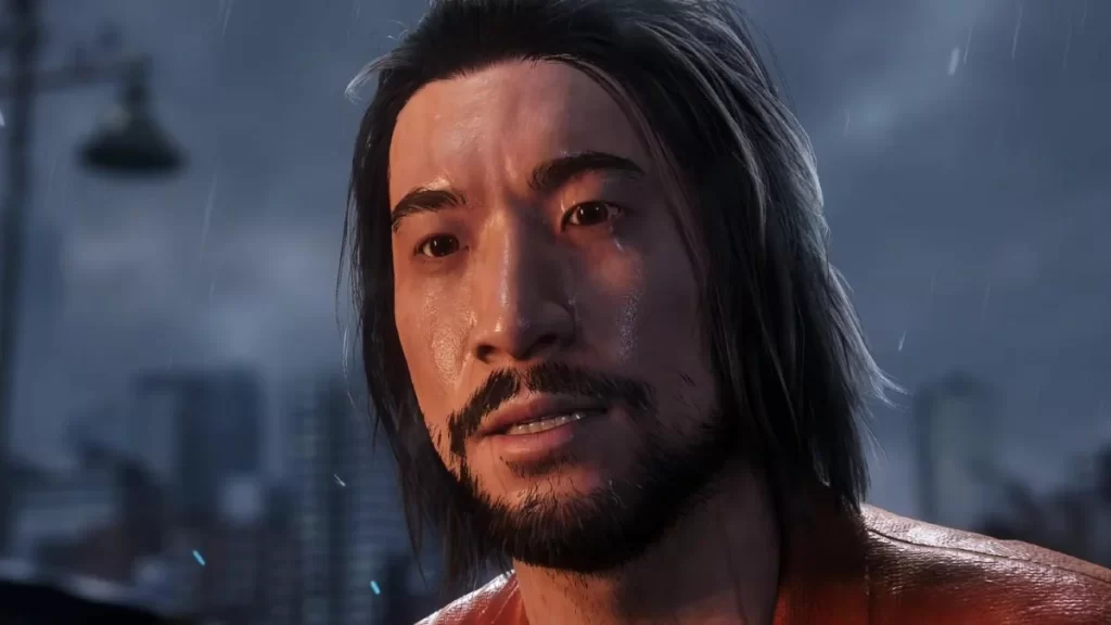 Personagem Martin Lee em cena do jogo "Spider-Man". Cena de chuva 