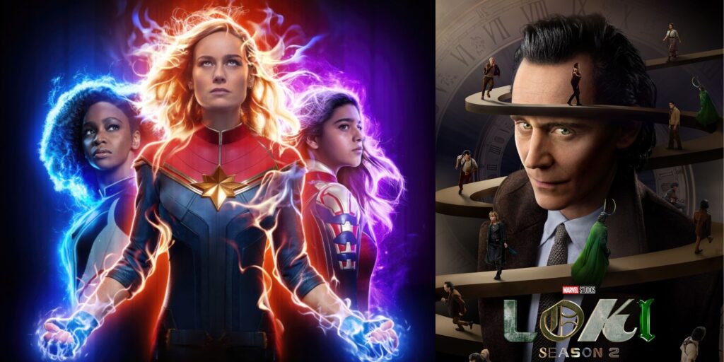 Imagem: Pôster de As Marvels (esquerda) e pôster de segunda temporada de Loki (direita) - (Divulgação: Disney-Marvel).