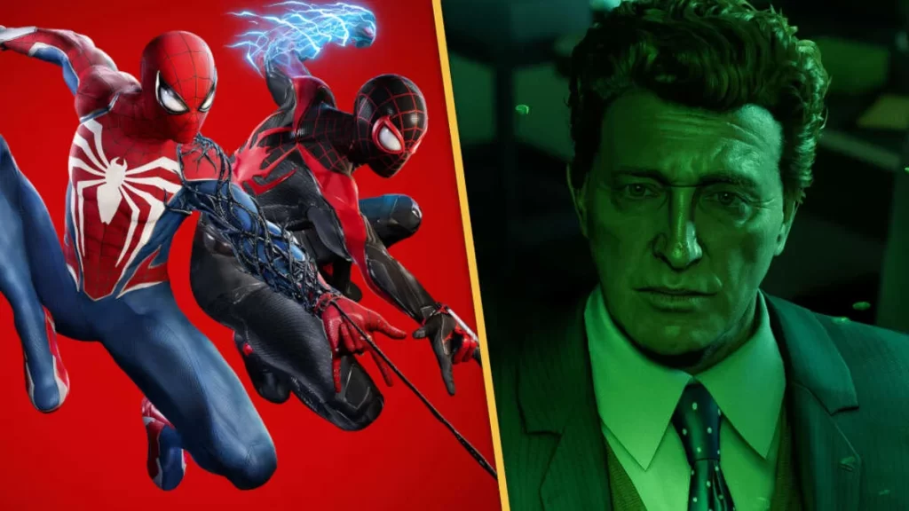 Imagem: Capa de Marvel's Spider-Man 2 (esquerda) e Norman Osborn em uma cena de Marvel's Spider-Man - (Divulgação/Reprodução: PlayStation).