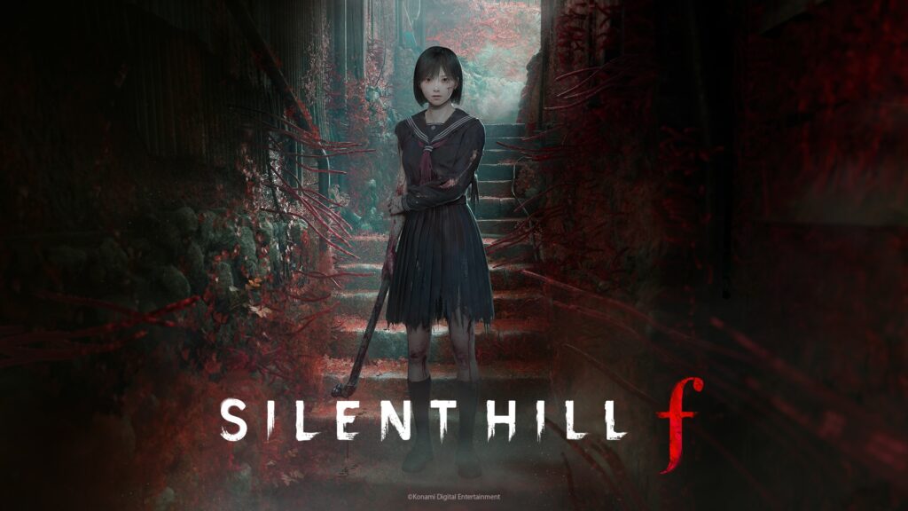 Capa de Silent Hill F. Uma névoa envolve a cidade natal de Hinako, levando-a a lutar contra monstros grotescos e solucionar quebra-cabeças sinistros.