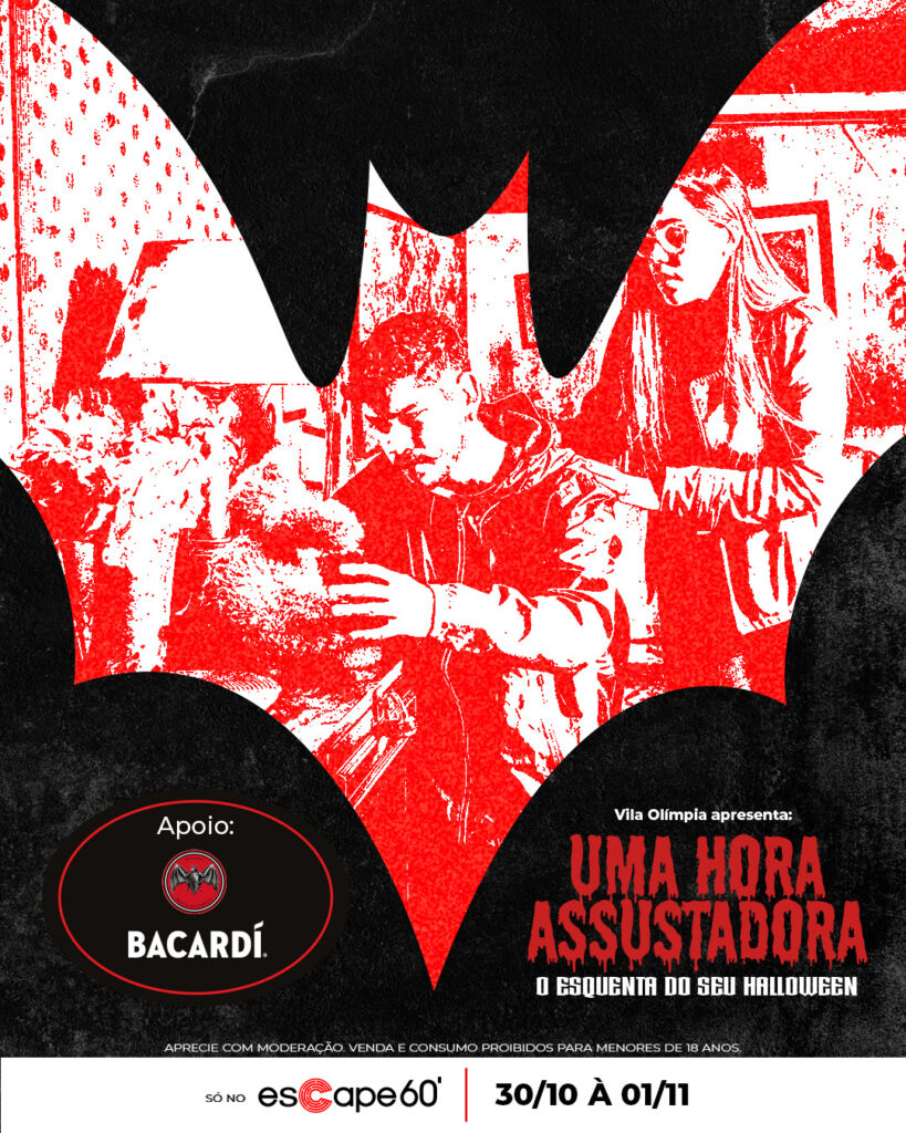 O Escape 60’ Vila Olímpia apresenta o Halloween Xtreme entre 30/10 e 01/11. A atração traz atores ao vivo nas salas e welcome drink Bacardí para testar os limites dos jogadores no Halloween de SP. Confira!